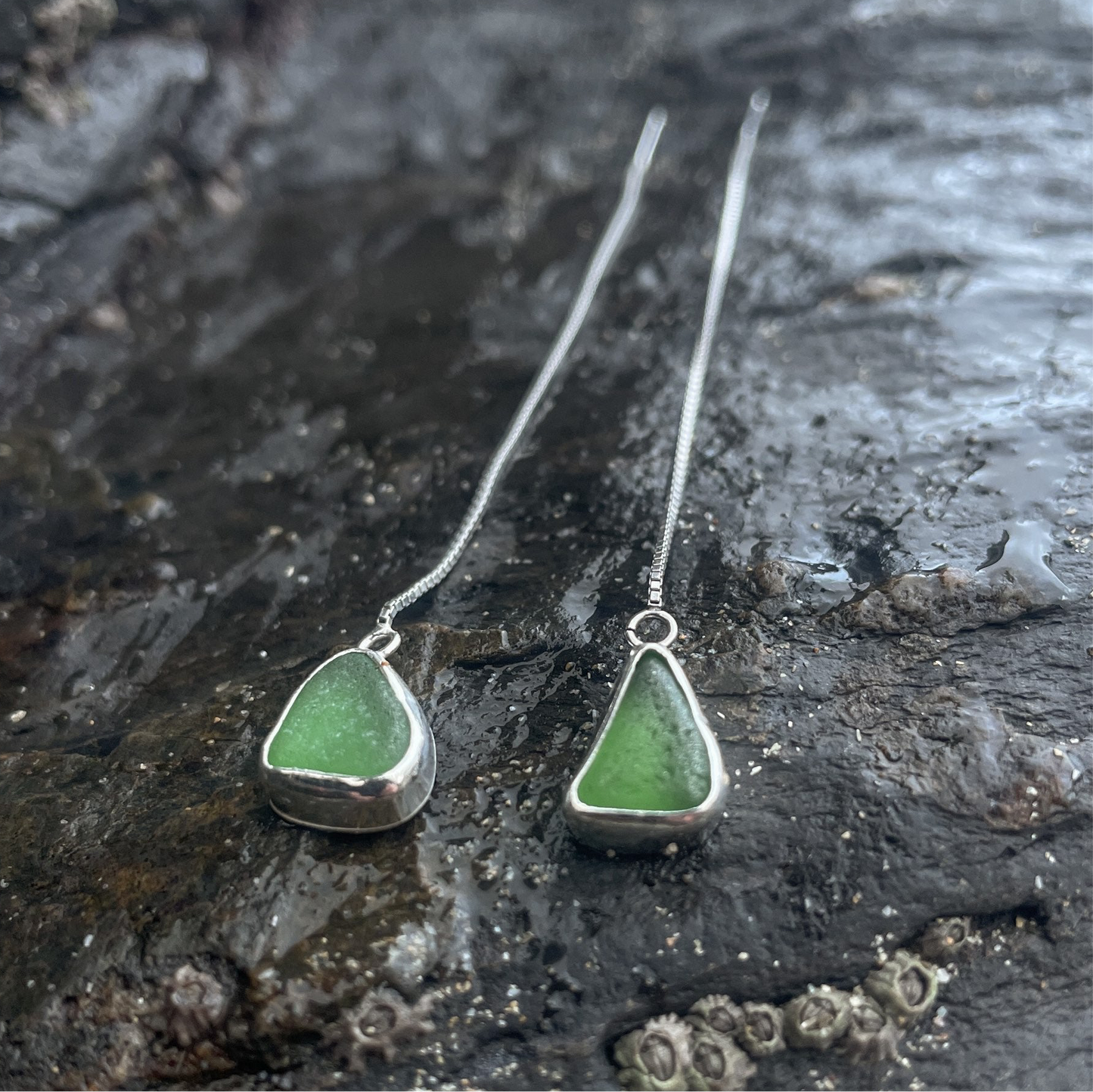 Emerald green snake chain threader earrings