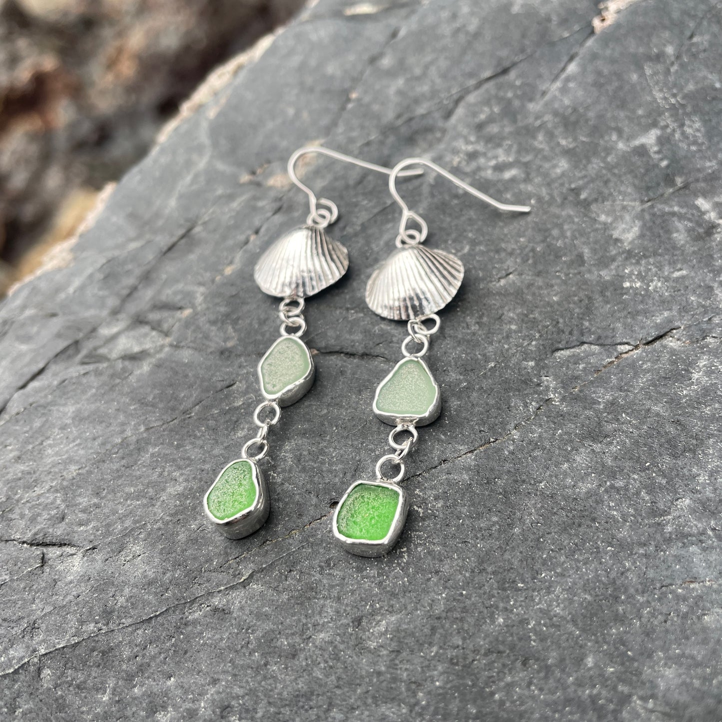 Tiered cockle shell drop sea glass earrings image 2