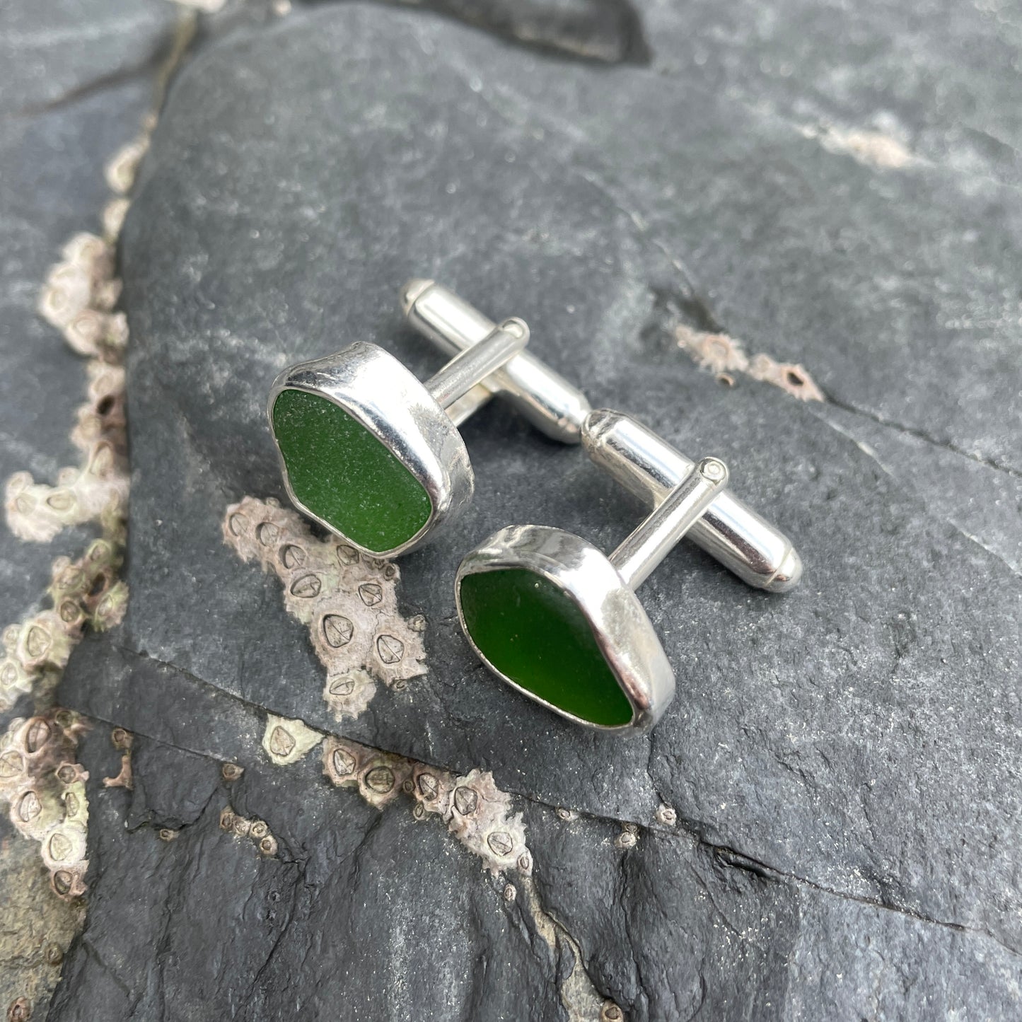 Emerald green sea glass cuff links image 3